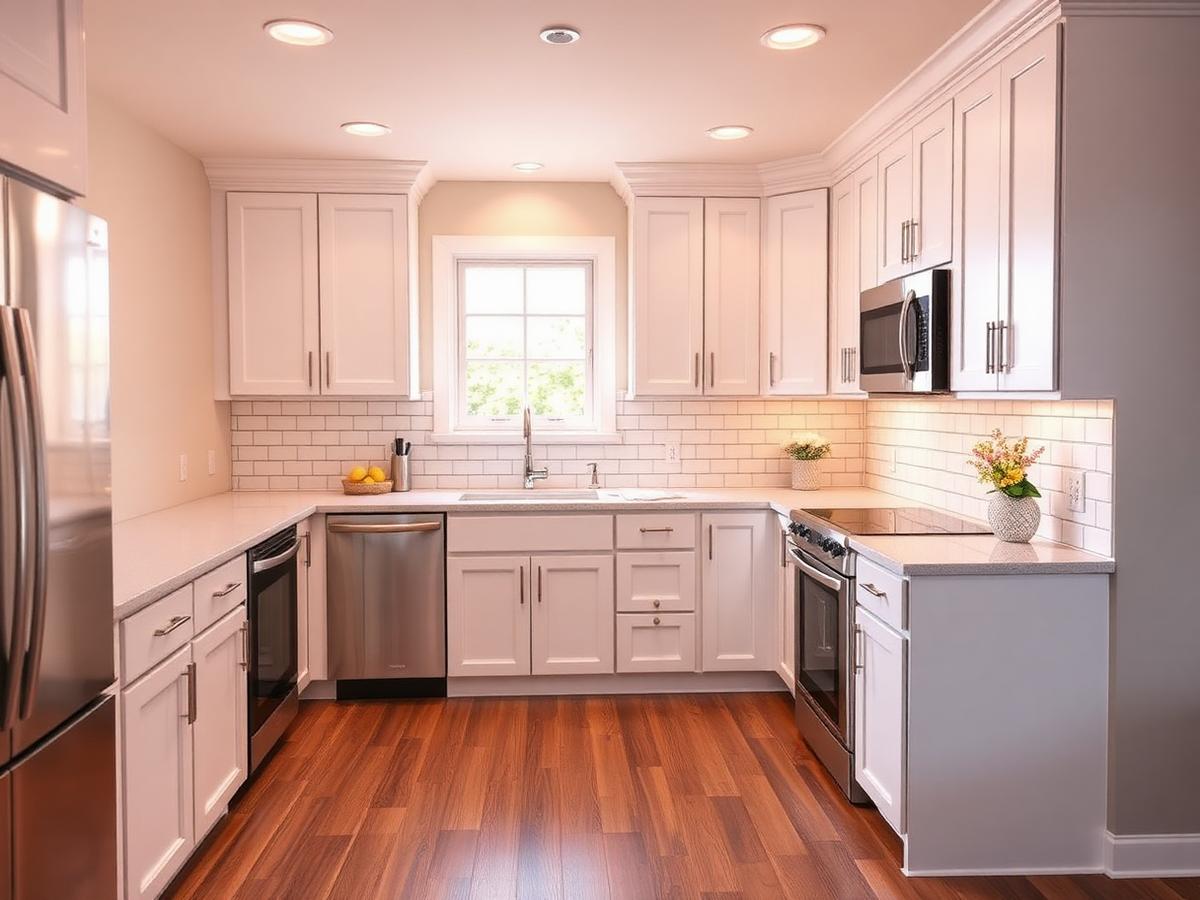 Illustrative photo of a remodeled kitchen with white cabinets and tile backsplash