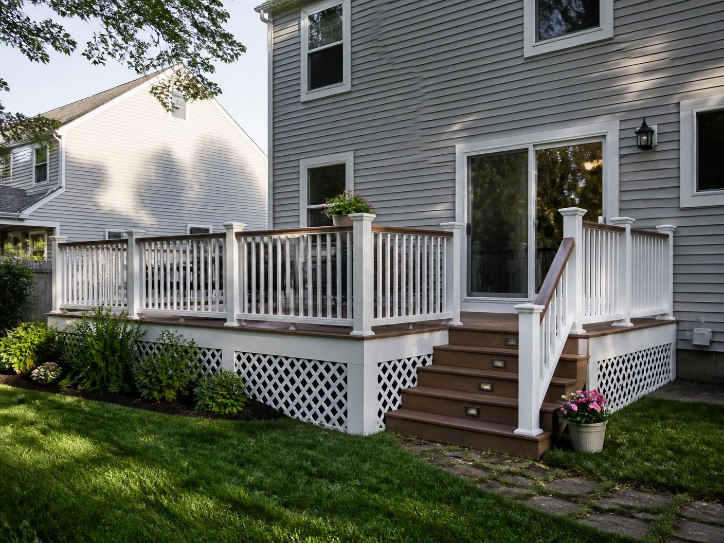 Illustrative photo of a backyard deck with white railing on a sided home