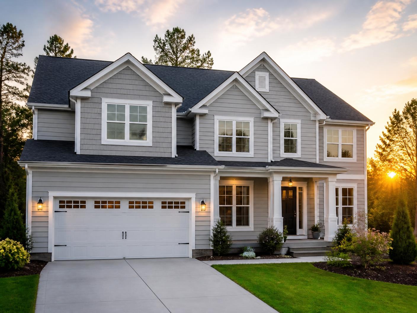 Illustrative photo of a suburban home exterior with a new roof, siding and trim