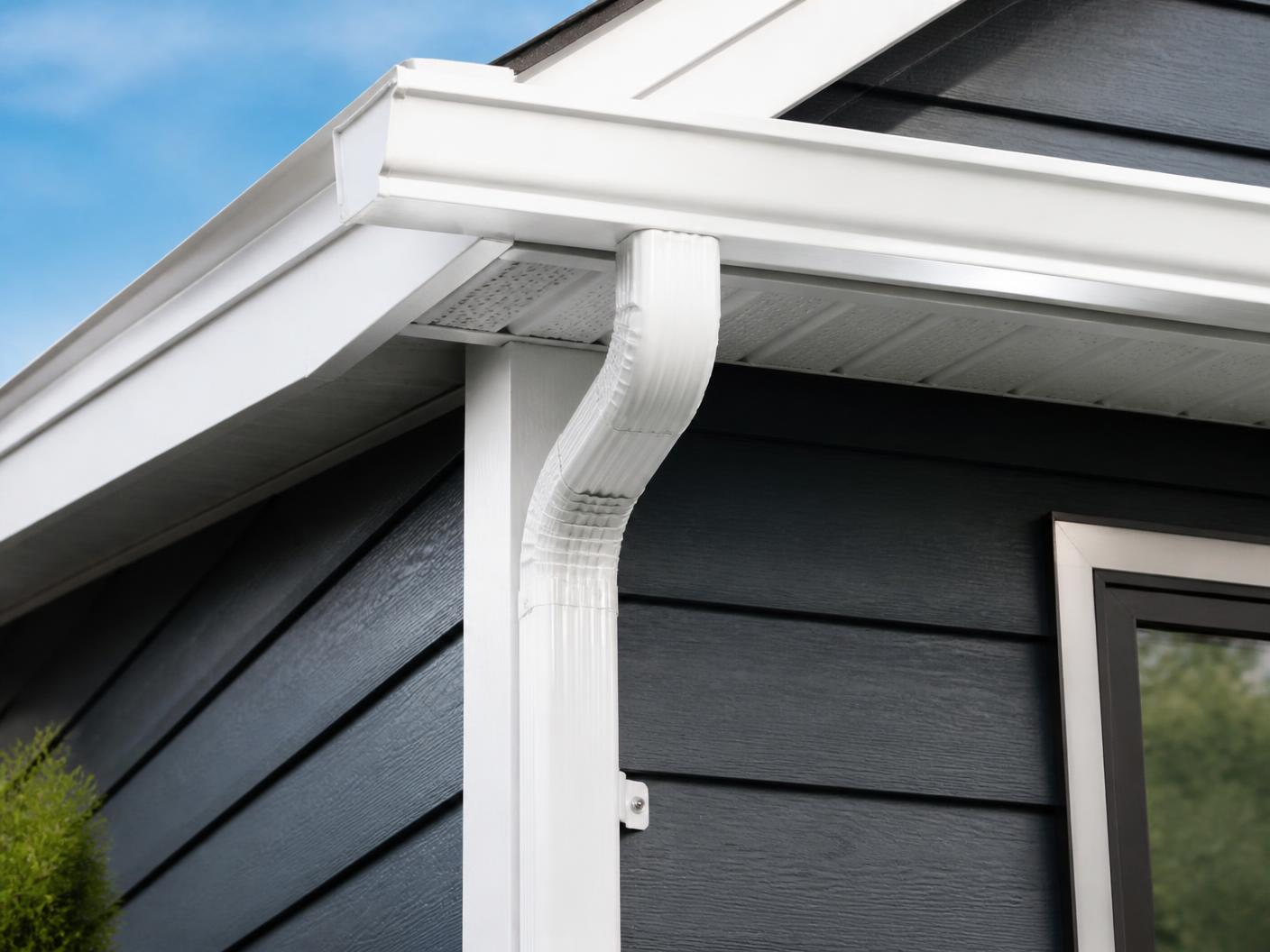 Illustrative photo of a seamless gutter and downspout along a roofline