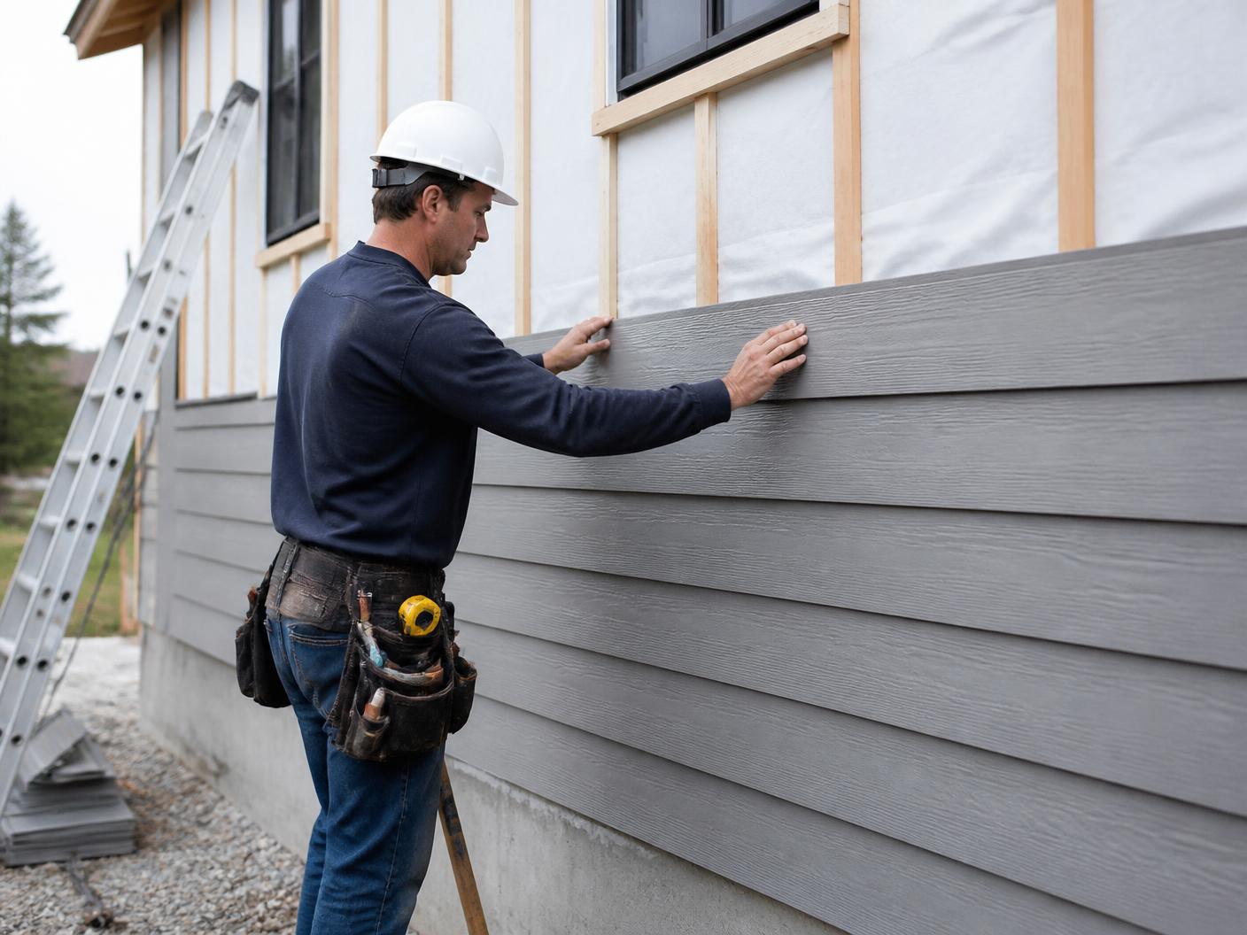 Illustrative photo of a contractor installing siding on a home exterior