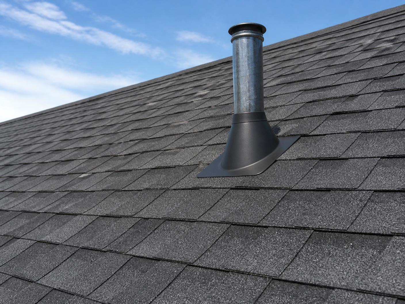 Illustrative close-up photo of architectural roof shingles and venting